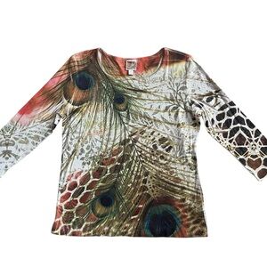 JM collection top Petite Medium Peacock Feather Colorful